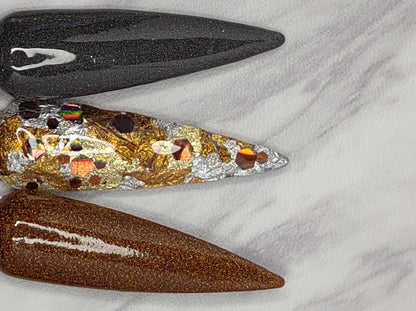 Hot Toddy / Coppery Bronze, Amber, Gold, Silver Metallic-Look Foil Dip / Copper Bronze Holographic Glitters / Acrylic Nail Dip Powder