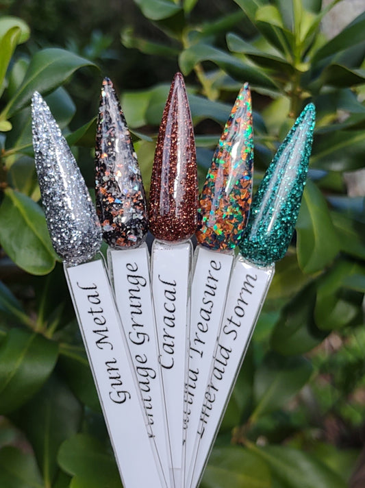 Vintage Grunge Collection / Gun Metal, Vintage Grunge, Caracal, Patina Treasure, Emerald Storm Glitters / Acrylic Nail Dips