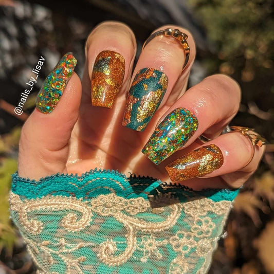 Dragon's Fire Lair Trio / Dragon's Lair Shard Glitter / Malachite & Fireside shimmery Solids /Acrylic Nail Dip Powder