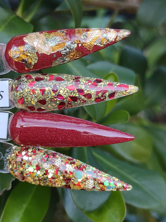 Burning Desire Set / Burning Desire Gold Glitter / Deep Blood Red Drip Glitters in Gold Flakes / Seductress Reflections / Acrylic Nail Dip