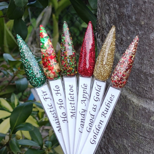Home for the Holidays Collection / Majestic fir, Ho Ho Ho, Mistletoe, Candy Apple, Good as Gold, Golden Rubies / Acrylic Nail Dip Powder
