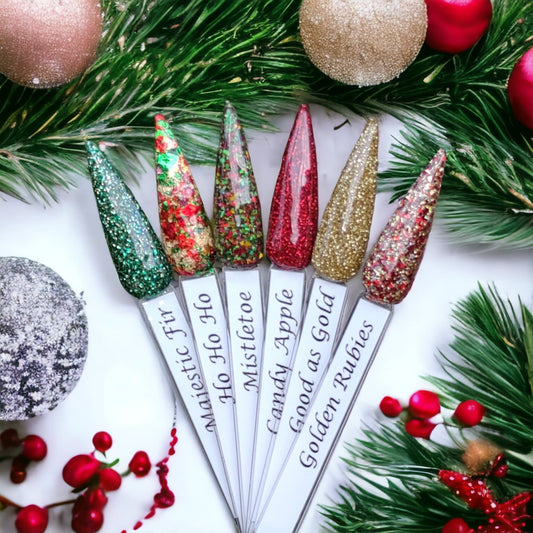 Home for the Holidays Collection / Majestic fir, Ho Ho Ho, Mistletoe, Candy Apple, Good as Gold, Golden Rubies / Acrylic Nail Dip Powder