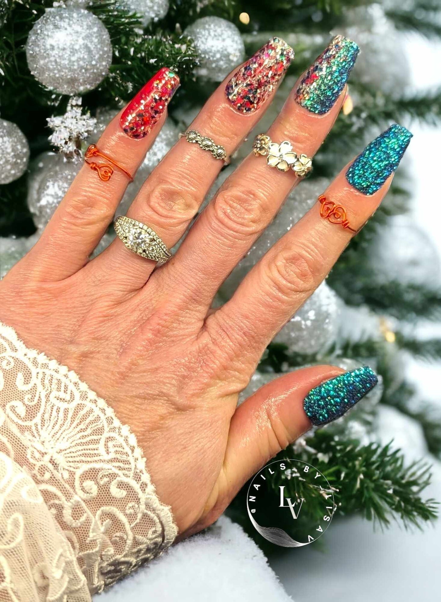 Celebration Envy Mani / Celebration, Emerald Envy Glitters / Ruby Red Solid / Acrylic Nail Dip Powder