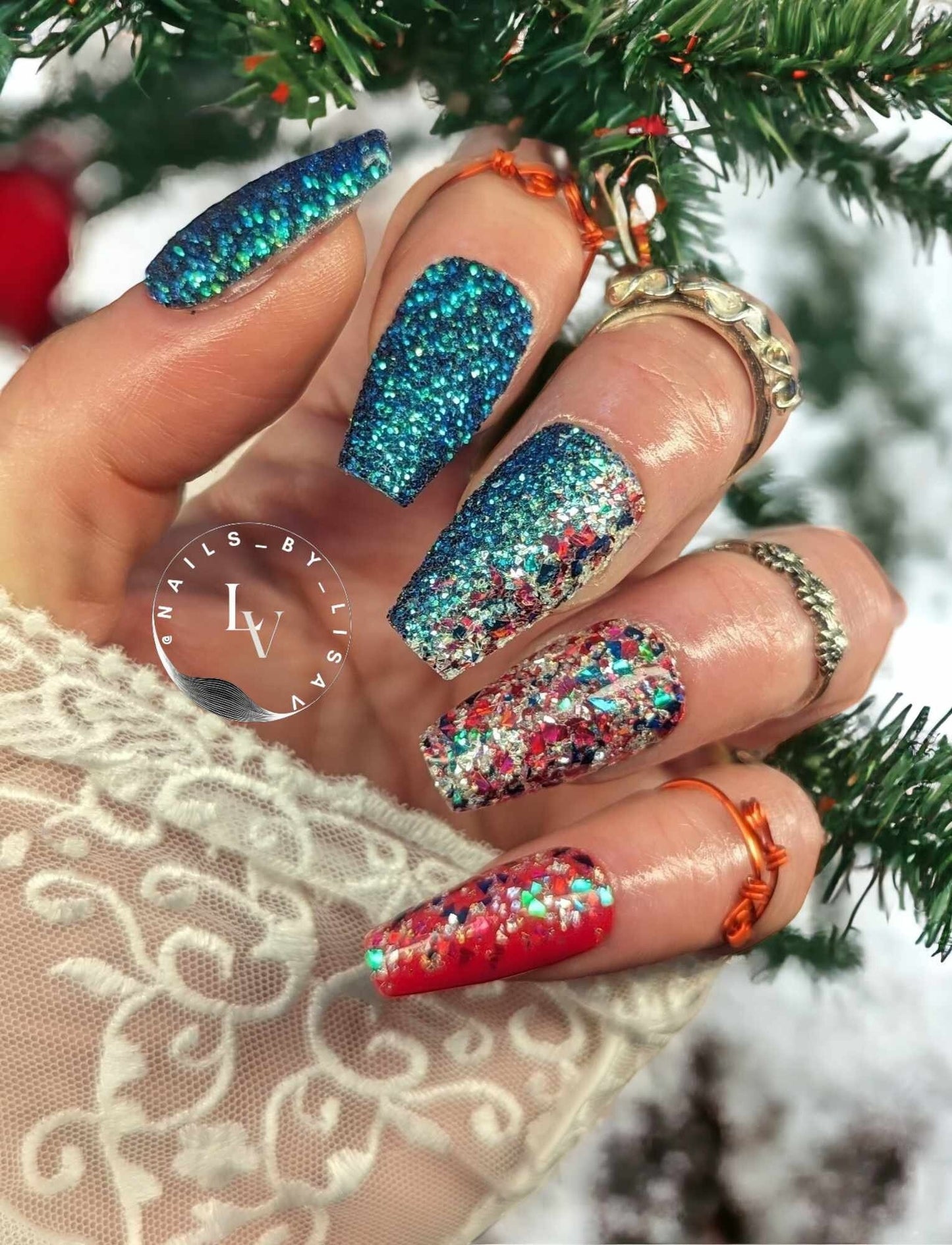 Celebration Envy Mani / Celebration, Emerald Envy Glitters / Ruby Red Solid / Acrylic Nail Dip Powder