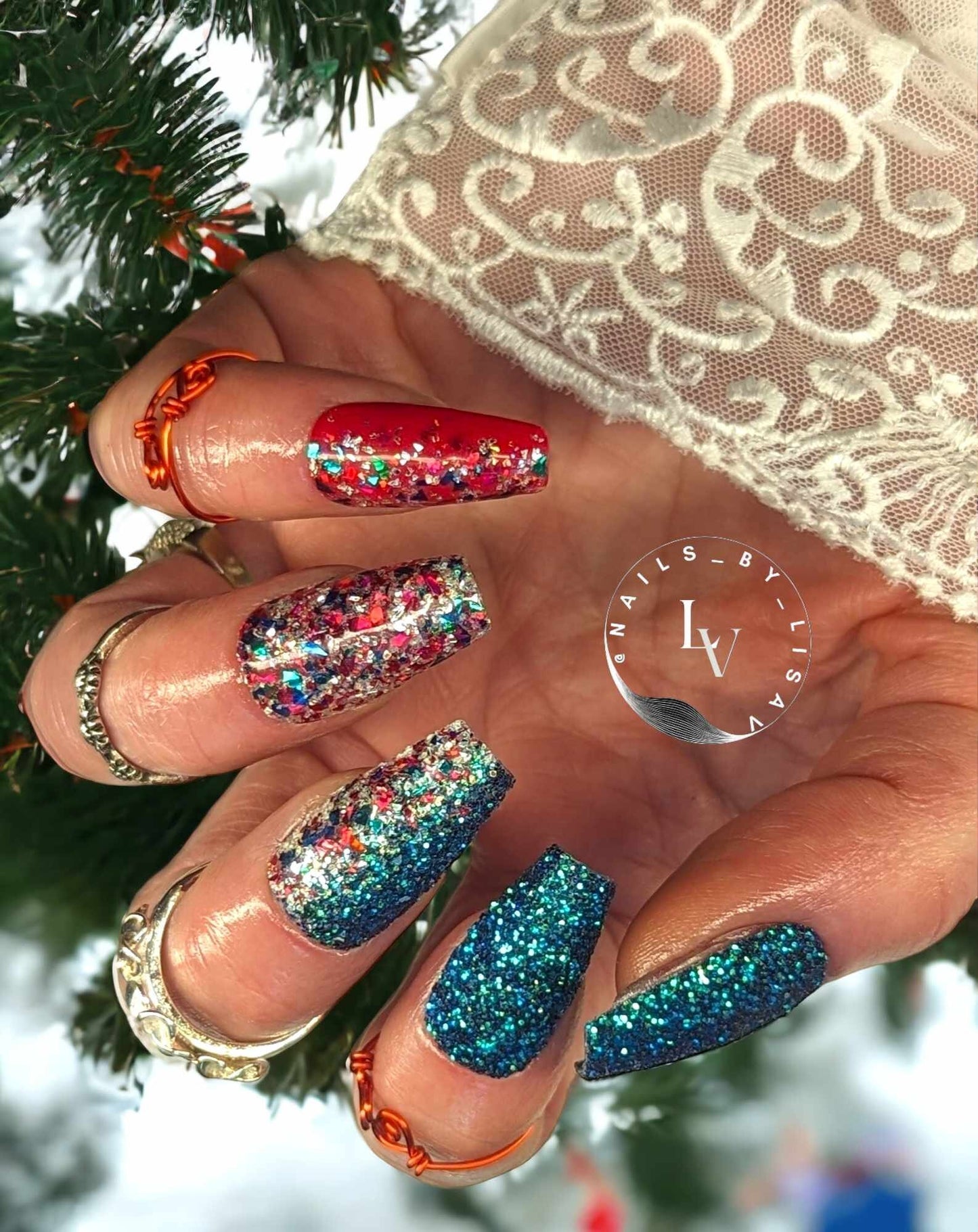 Celebration Envy Mani / Celebration, Emerald Envy Glitters / Ruby Red Solid / Acrylic Nail Dip Powder