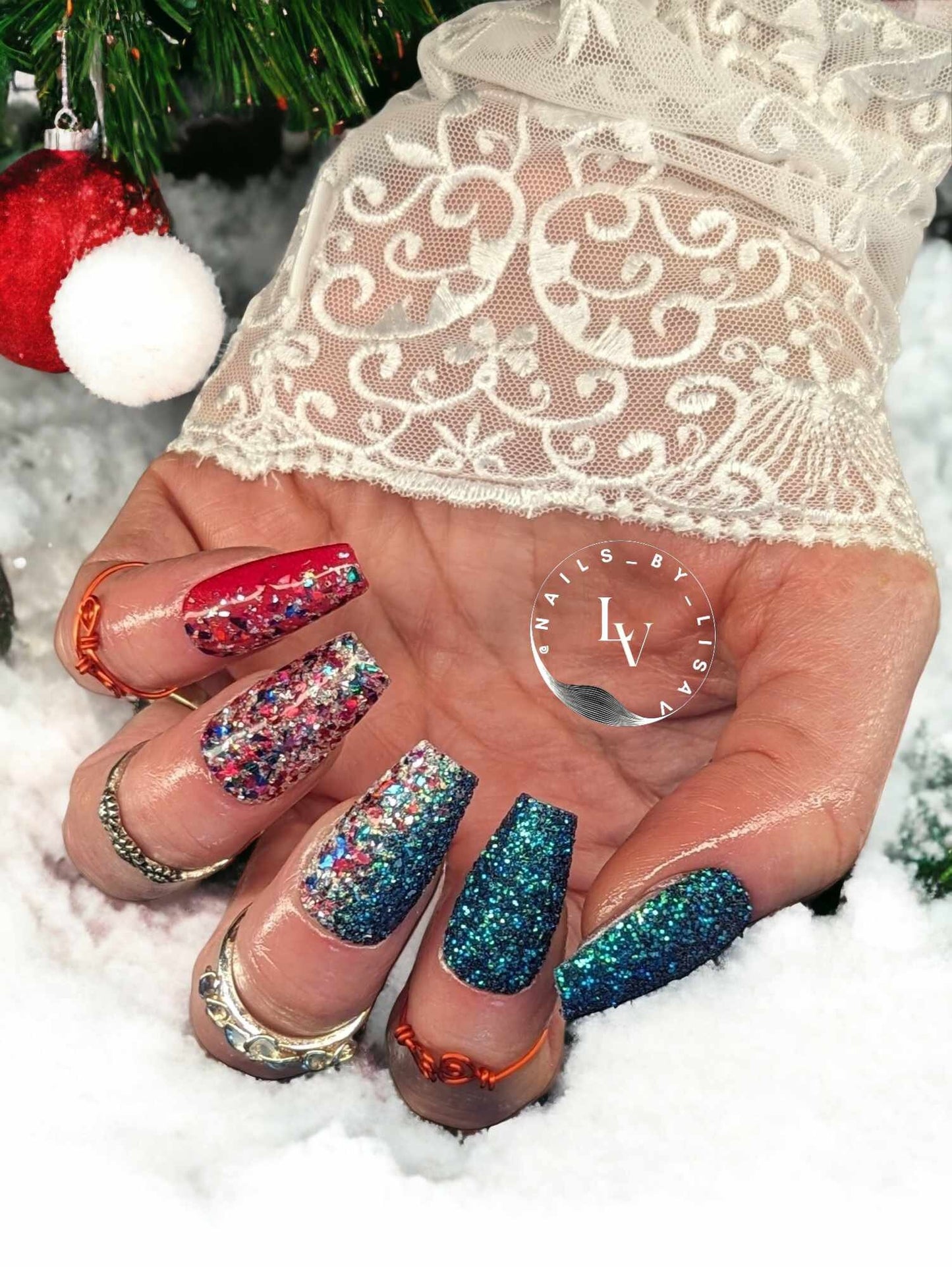 Celebration Envy Mani / Celebration, Emerald Envy Glitters / Ruby Red Solid / Acrylic Nail Dip Powder