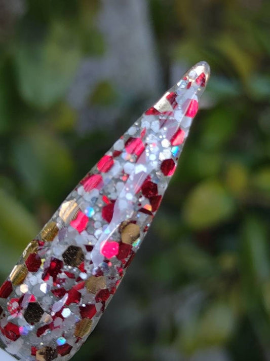 Peppermint Kisses Red Ruby Trio 2 | Red & White Flakes, Shards | White Pearl Glow Powder | Acrylic Nail Dip Powder