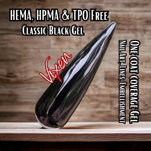Vixen Classic Black Gel | Nail Art, Lines, Embellishment | One Coat Coverage | Bottle | HEMA, HPMA, TPO Free uv/led | 15ml | Gel Nails
