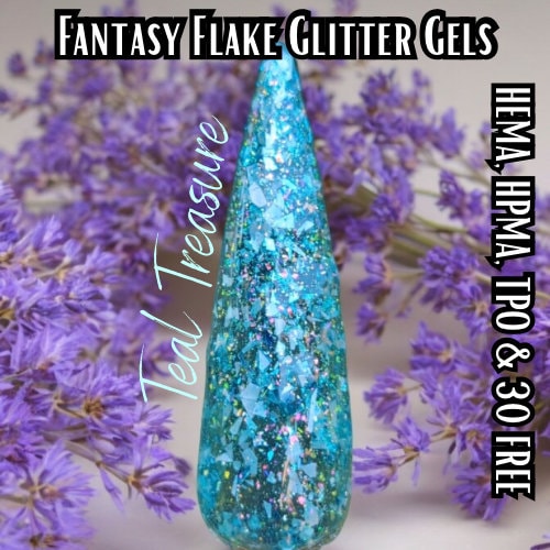 Hip Hot Glow Pink, Teal Treasure Glitter Gel Mani | Flakes & Holographic Glitters in a Teal Jelly Base | HEMA, HPMA, TPO Free uv/led | 15ml
