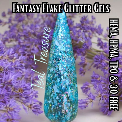 Hip Hot Glow Pink, Teal Treasure Glitter Gel Mani | Flakes & Holographic Glitters in a Teal Jelly Base | HEMA, HPMA, TPO Free uv/led | 15ml