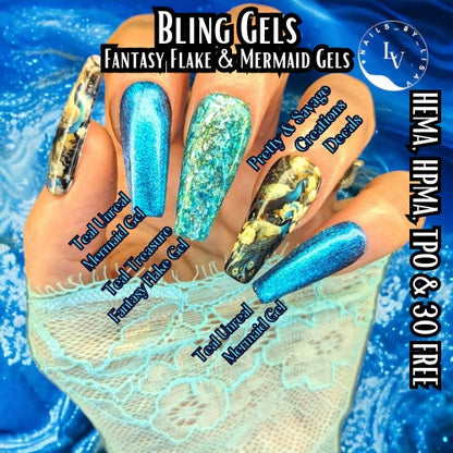 Teal Treasure Fantasy Flake Glitter Gel Polish | Flakes & Holographic Glitters in a Teal Jelly Base | HEMA, HPMA, TPO, 30 Free uv/led | 15ml