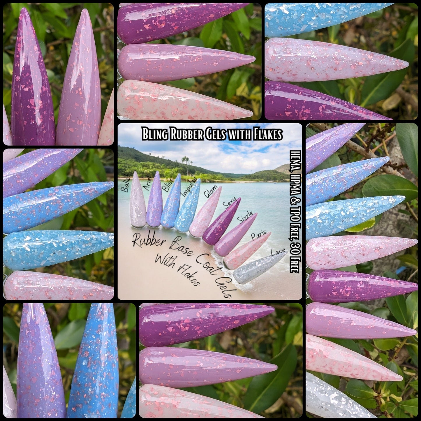 Rubber Base Gels with Flakes | Ballet, Ariel, Impulse, Glam, Sexy, Sizzle, Paris, Lace | HEMA, HPMA, TPO, 30 Free uv/led | 15ml | Soak Off |