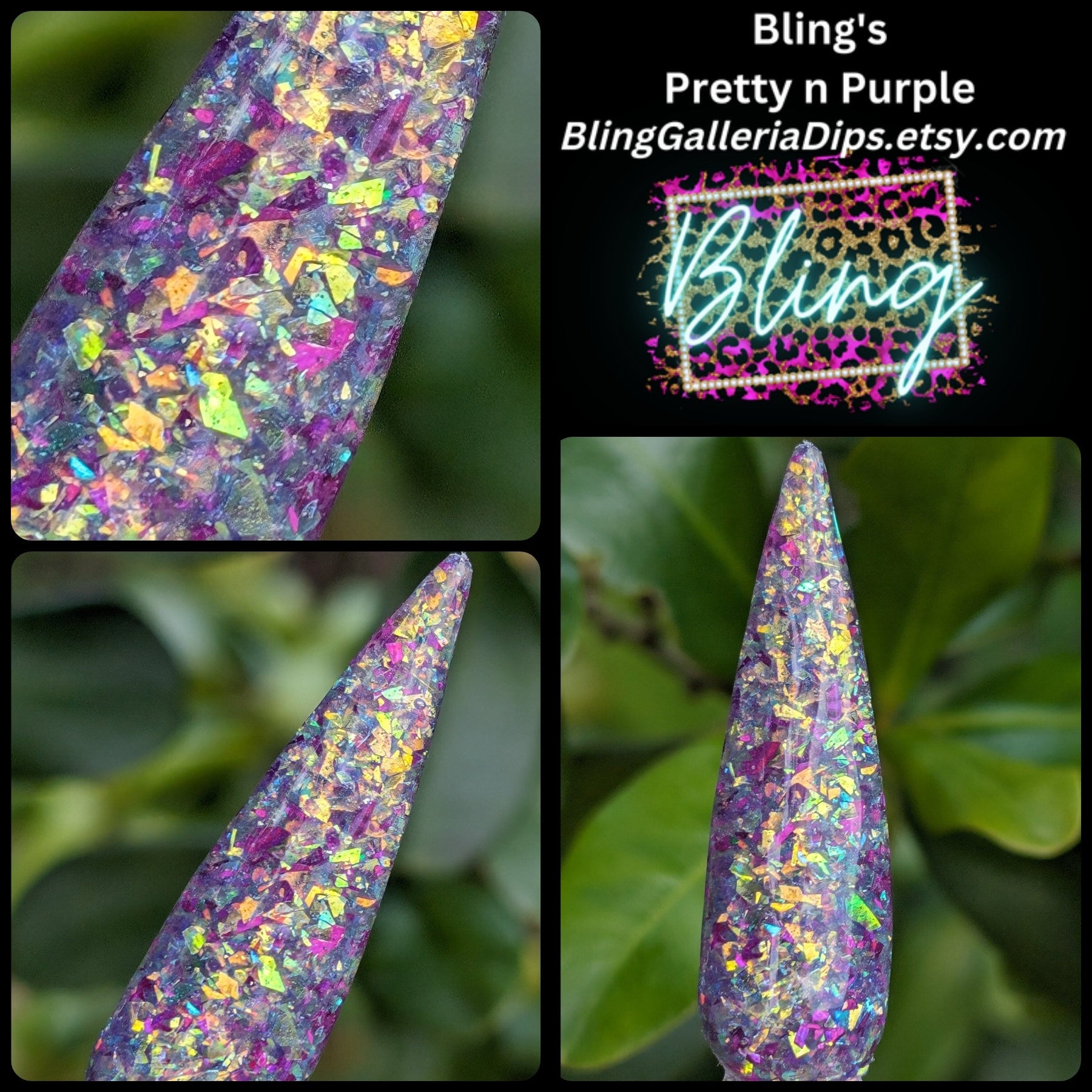 Pretty n Purple Flakie Mani / A Rainbow of Colors Mixed Among Purple and Fuchsia Flakes / Acrylic Nail Dip Powder