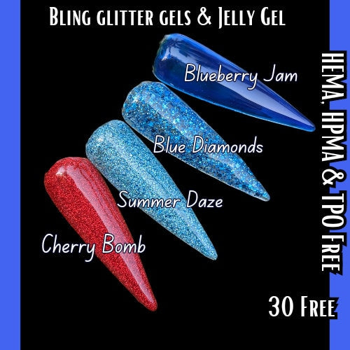 Glitter & Jelly Gels | Cherry Bomb, Summer Daze, Blue Diamonds, Blueberry Jam (Jelly) | HEMA, HPMA, TPO, 30 Free uv/led | 15ml | Soak Off |