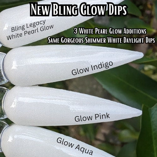 Indigo, Pink and Aqua GLOW Dip - White Pearl Silky Satin Solid White Daylight Dip that GLOWs / Acrylic Nail Dip Powder