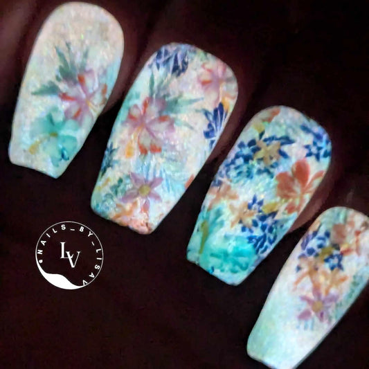 White Lightning Glow Gel Polish | Flower Transfer Foils | Shimmer White | Glow Bright White | HEMA, HPMA, TPO, 30 Free uv/led | 15ml