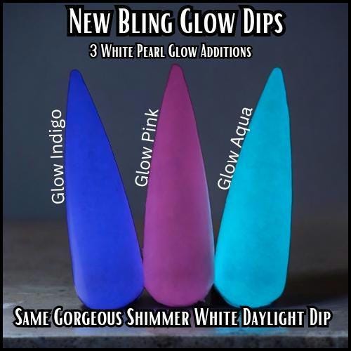 Indigo, Pink and Aqua GLOW Dip - White Pearl Silky Satin Solid White Daylight Dip that GLOWs / Acrylic Nail Dip Powder