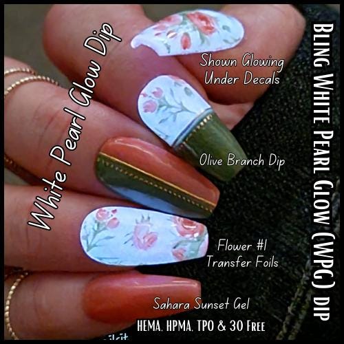 Olive Sahara Flowers Mani | Transfer Foil Flowers | White Pearl Glow and Olive Branch Dips | Sahara Sunset Gel | HEMA, HPMA, TPO Free |