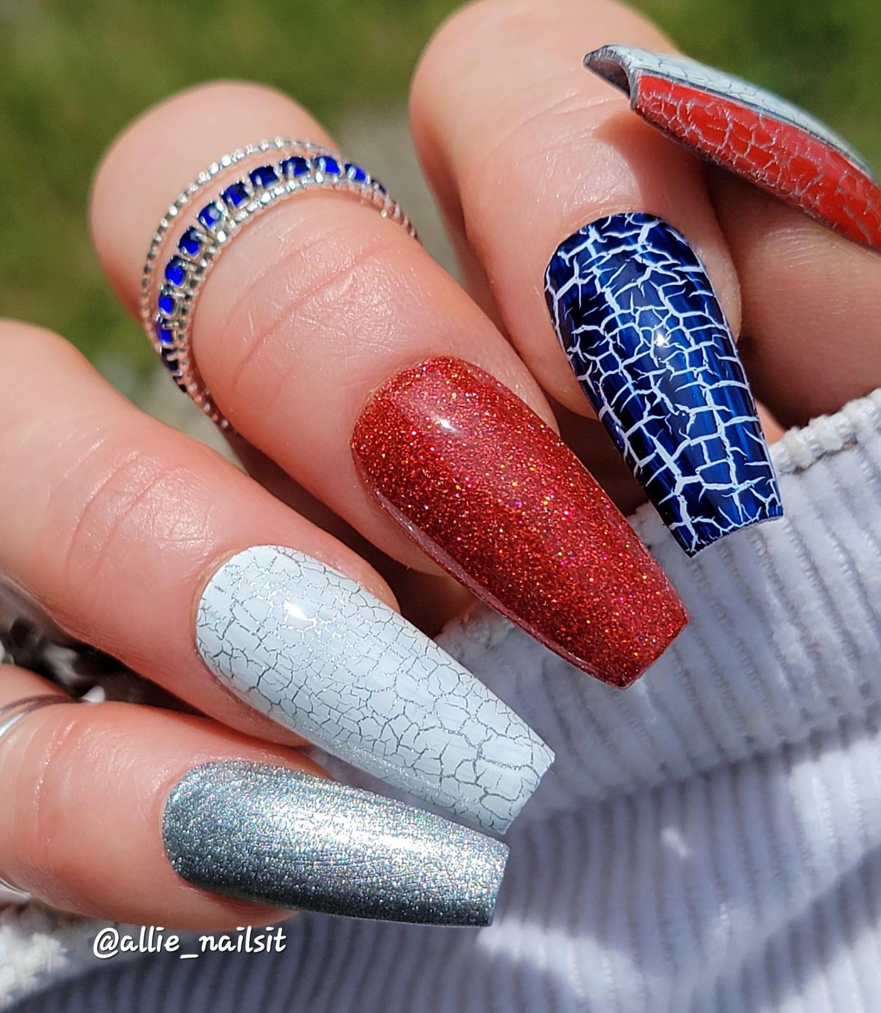 Patriotic Crackle Mani | Red, White and Blue Crackle Gels | Shimmer Silver, White Bases | HEMA, HPMA, TPO, 30 Free uv/led | 15ml