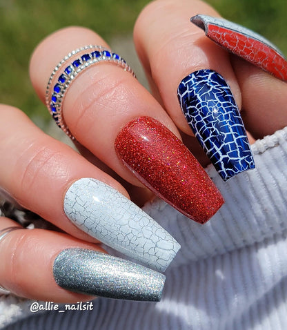 Patriotic Crackle Mani | Red, White and Blue Crackle Gels | Shimmer Silver, White Bases | HEMA, HPMA, TPO, 30 Free uv/led | 15ml