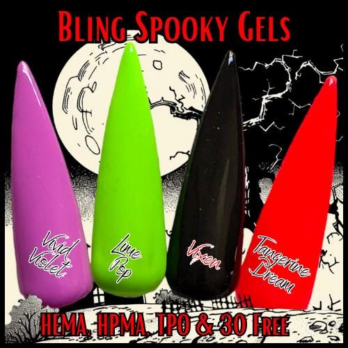 Spooky Bright Halloween Gel Polishes | Vivid Violet, Lime Pop, Vixen, Tangerine Dream | HEMA, HPMA, TPO, 30 Free uv/led | 15ml | Soak Off |