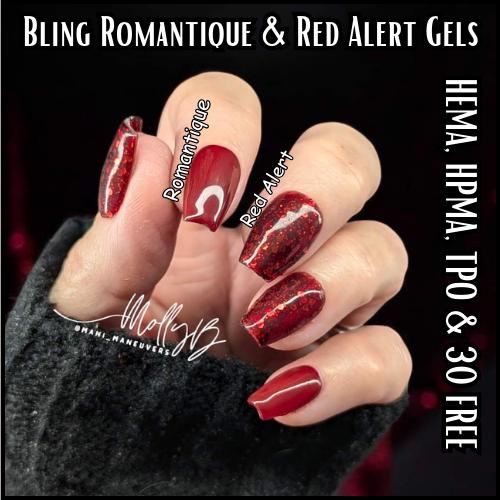 Romantique Red Alert Mani Red Gels | Dark Red Solids and Glitter Gels | HEMA HPMA TPO Free uv/led | 15ml | Gel Nails