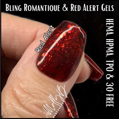 Romantique Red Alert Mani Dark Red Solid and Red Glitter Gels | HEMA HPMA TPO Free uv/led | 15ml | Gel Nails
