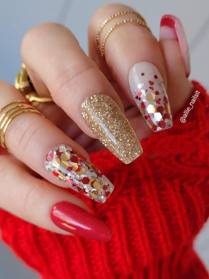 Peppermint Kisses Red Ruby Trio 2 | Red & White Flakes, Shards | White Pearl Glow Powder | Acrylic Nail Dip Powder