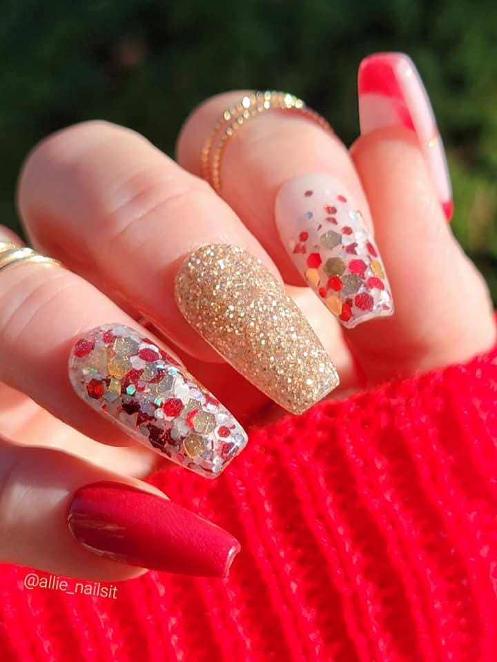 Peppermint Kisses Red Ruby Trio 2 | Red & White Flakes, Shards | White Pearl Glow Powder | Acrylic Nail Dip Powder