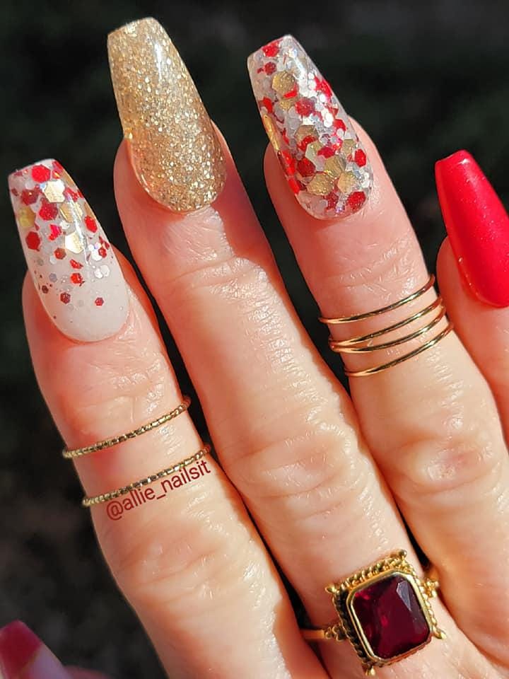 Peppermint Kisses Red Ruby Trio 2 | Red & White Flakes, Shards | White Pearl Glow Powder | Acrylic Nail Dip Powder