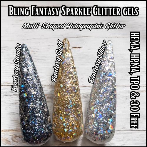 Fantasy Sparkly Collection | Silver Fantasy, Gold Fantasy, Smoke Sparkle | HEMA, HPMA, TPO, 30 Free uv/led | 15ml |