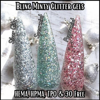 Minty Glitter Gels - Peppermint and Spearmint Glitter Gels, Silver Glitz Glitter Gel - HEMA, HPMA, TPO