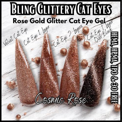 Love Affair and Cosmic Rose Glittery Cat Eye Mani | Red & Rose Gold Glitter Cat Eye Gels | HEMA, HPMA, TPO, 30 Free uv/led | 15ml |