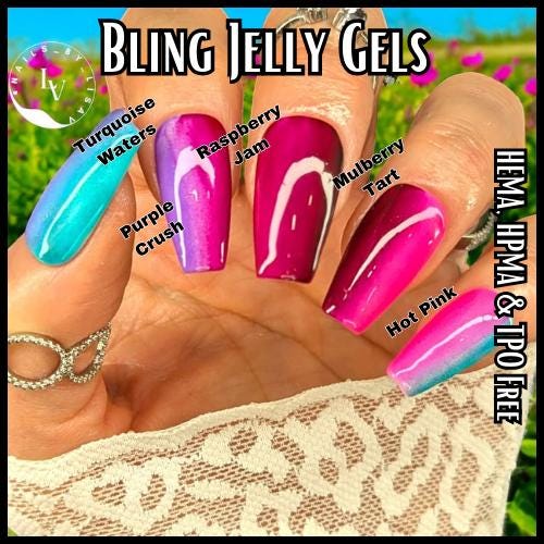 Jelly Gel Mani 3 | Turquoise Waters, Mint Jelly, Purple Crush, Hot Pink, Raspberry Jam, Mulberry Tart | HEMA, HPMA, TPO Free uv/led | 15ml |
