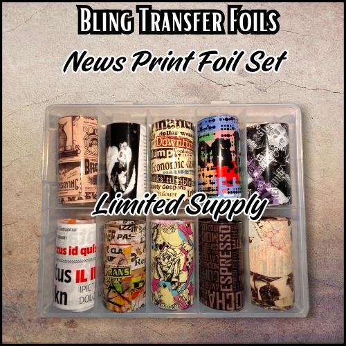 Transfer Foil Newspaper Overlay Set | Accent Nails or Entire Mani | Apply Over Bling Gels or Dips | 10 Strips 20in x 1.5in each |