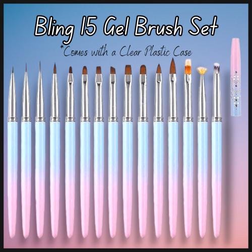 15 Piece Set of Pink & Blue Gel Brushes with Caps and a Plastic Case