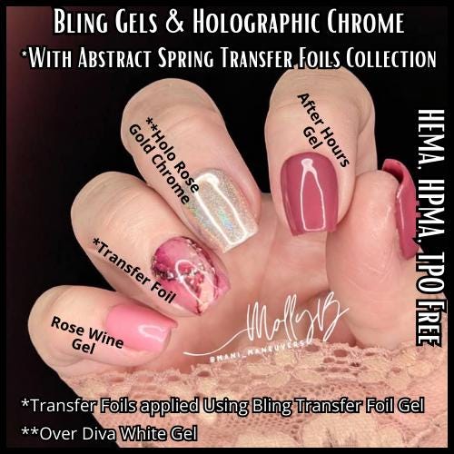 Abstract Spring Transfer Foil With Rose Wine & After Hours Gels And Rose Gold Chrome Mani - HEMA, HPMA, TPO Free