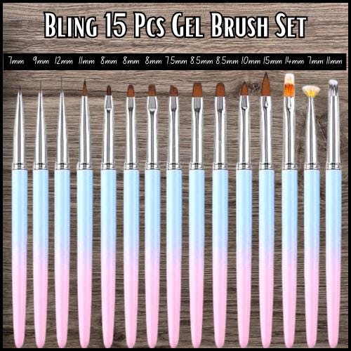 15 Piece Set of Pink & Blue Gel Brushes with Caps and a Plastic Case