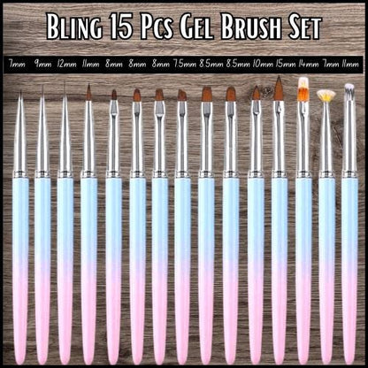 15 Piece Set of Pink & Blue Gel Brushes with Caps and a Plastic Case