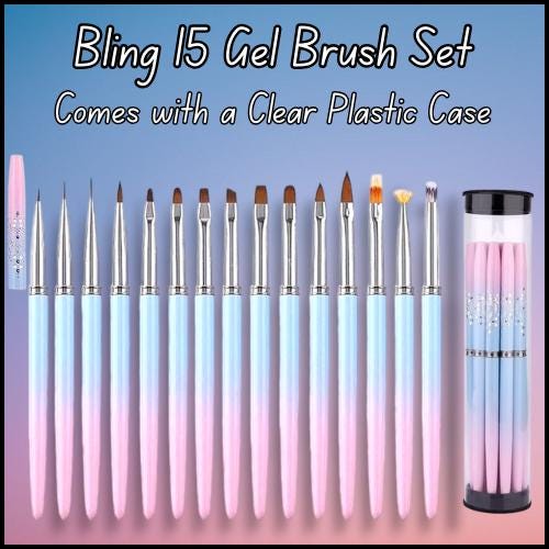 15 Piece Set of Pink & Blue Gel Brushes with Caps and a Plastic Case