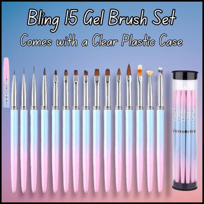 15 Piece Set of Pink & Blue Gel Brushes with Caps and a Plastic Case