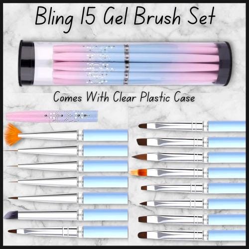 15 Piece Set of Pink & Blue Gel Brushes with Caps and a Plastic Case