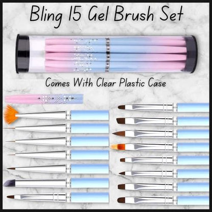 15 Piece Set of Pink & Blue Gel Brushes with Caps and a Plastic Case