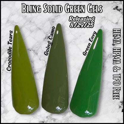 Crocodile Tears & Going Camo Green Solid Gels with Spicequake Glitter Mani Gels | Olive Green | Pumkin |HEMA, HPMA, TPO Free uv/led | 15ml