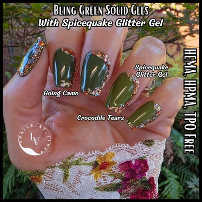 Crocodile Tears & Going Camo Green Solid Gels with Spicequake Glitter Mani Gels | Olive Green | Pumkin |HEMA, HPMA, TPO Free uv/led | 15ml
