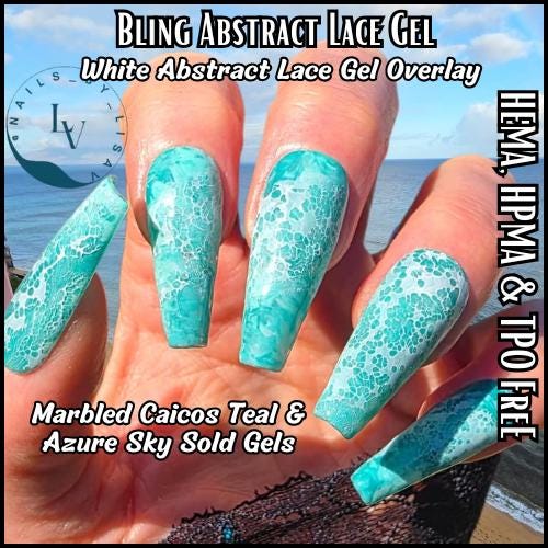 Abstract Lace Gel over Marble of Caicos Teal Azure Sky Solid Gels | Perfect for Chroming | HEMA, HPMA, TPO Free uv/led | 15ml