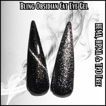 Obsidian Glittery Cat Eye | Silver Metallic in a Black Base | HEMA, HPMA, TPO Free uv/led | 15ml |