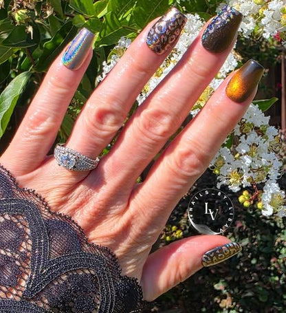 Tiger Eye 10D Cat Eye Gel with Stamping Gel and Holographic Chrome Mani | Tiger Eye - Copper Shimmery Cat Eye | HEMA, HPMA, TPO Free