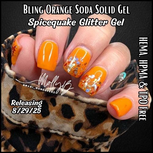 Orange Soda Solid with Spicequake Glitter Mani Gels | Pumpkin Orange Holographic Silver Glitter | HEMA, HPMA, TPO Free uv/led | 15ml