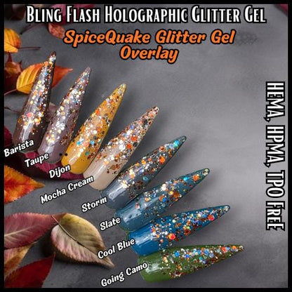 Crocodile Tears & Going Camo Green Solid Gels with Spicequake Glitter Mani Gels | Olive Green | Pumkin |HEMA, HPMA, TPO Free uv/led | 15ml